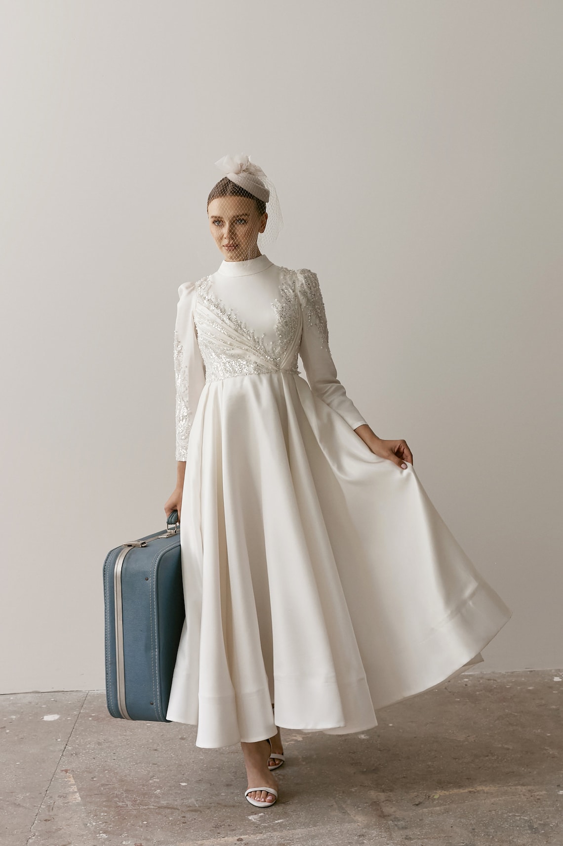 Modest Beaded Wedding Dresses Muslim Sequined Bridal Gowns High Collar With Long Sleeves A Line Ankle Length Satin Vestido De Novia