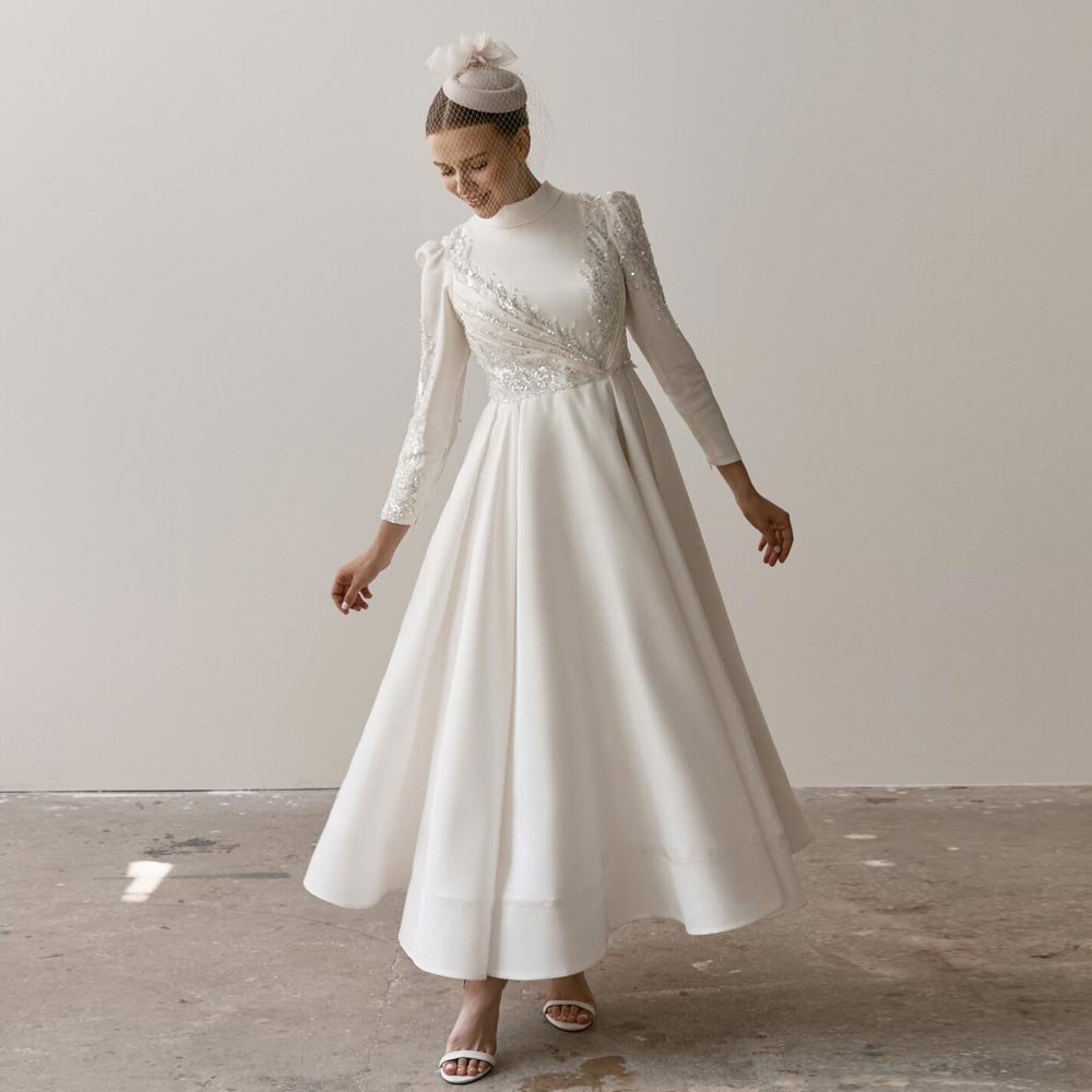 Modest Beaded Wedding Dresses Muslim Sequined Bridal Gowns High Collar With Long Sleeves A Line Ankle Length Satin Vestido De Novia