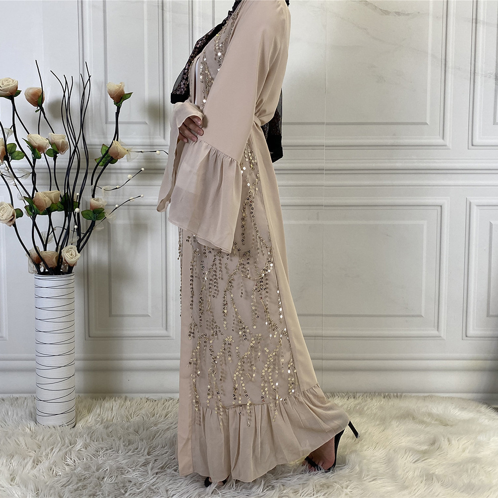 Ethnic Clothing Woman Muslim Abaya Sequins Chiffon Cardigan Dress Fashion Casual Turkey Caftan Saudi 230324