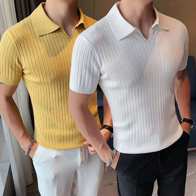 Men's Polos Summer Short Sleeve Fashion Polo Shirts Solid Color All-match Men's Clothing Striped Casual Slim Korean Knitted T-shirts 230325