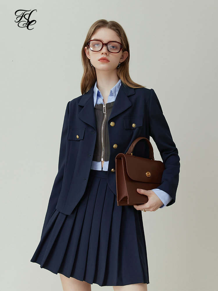 Two Piece Dress FSLE British College Style Suit Coat For Women Spring Autumn 2023 Deep Blue Skirt TwoPiece Loose 230324