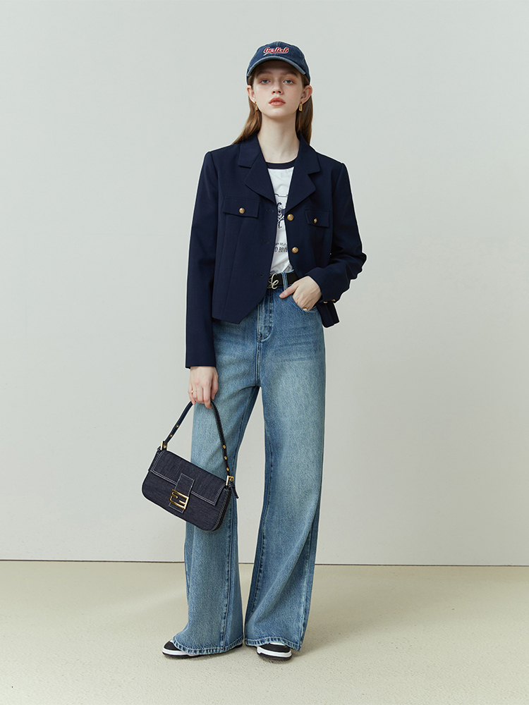 Two Piece Dress FSLE British College Style Suit Coat For Women Spring Autumn 2023 Deep Blue Skirt TwoPiece Loose 230324