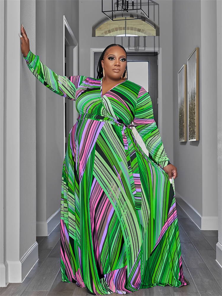 Stylish Plus Size V Neck Long Sleeve Tie Dye Print Maxi Dress Women Elegant And Comfortable Perfect For Any Ocn