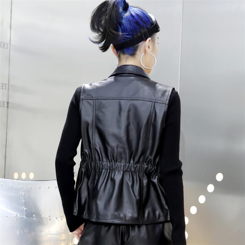 Women's Jackets Leather Waistcoat Spring Autumn Lapel Short Sheepskin Tops Genuine Slim Sleeveless Vest Outer Wear 230324