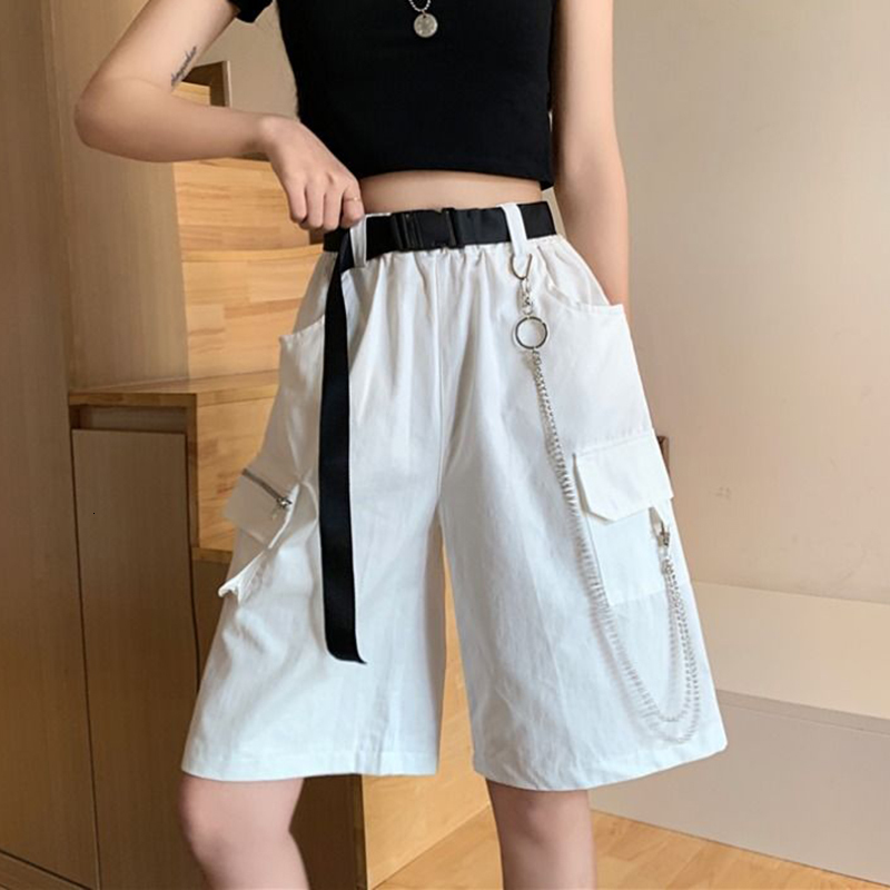 Women's Shorts Rimocy Harajuku Chain Cargo Shorts Women Summer Big Pockets Wide Leg Shorts Woman Black High Waist Streetwear Shorts Female 230325