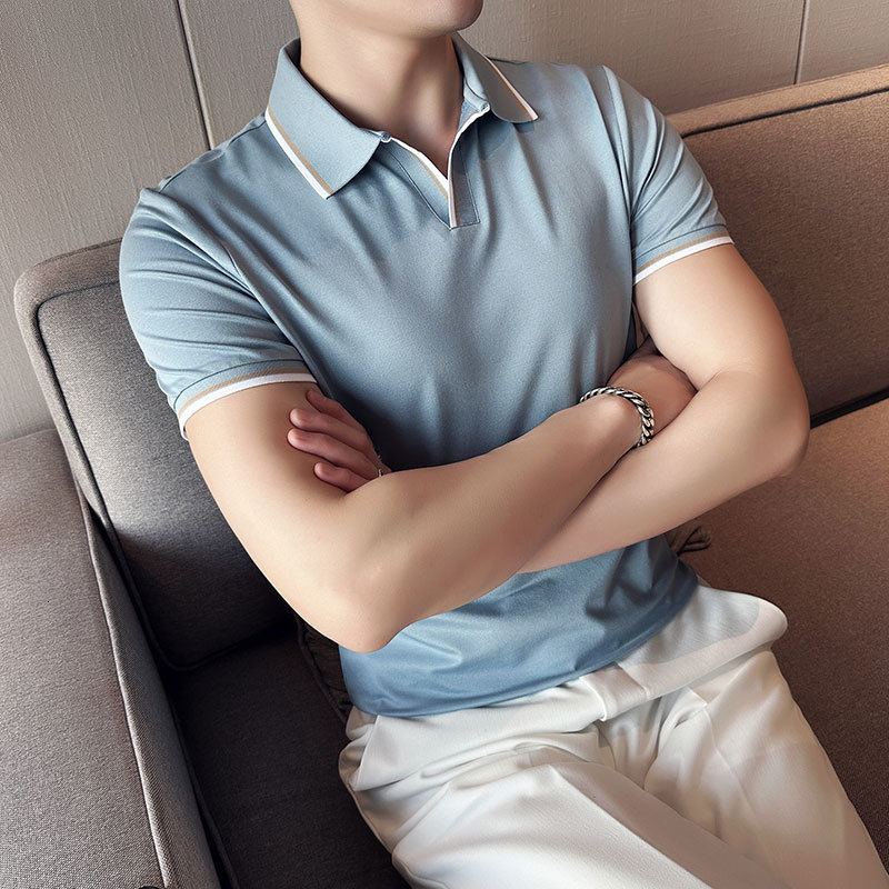 Men's Polos Summer Style Men's Casual Slim Fit Short Sleeve Solid Color POLO Shirt British Slim Lapel Color Blue T-shirt Polo S-4XL 230325