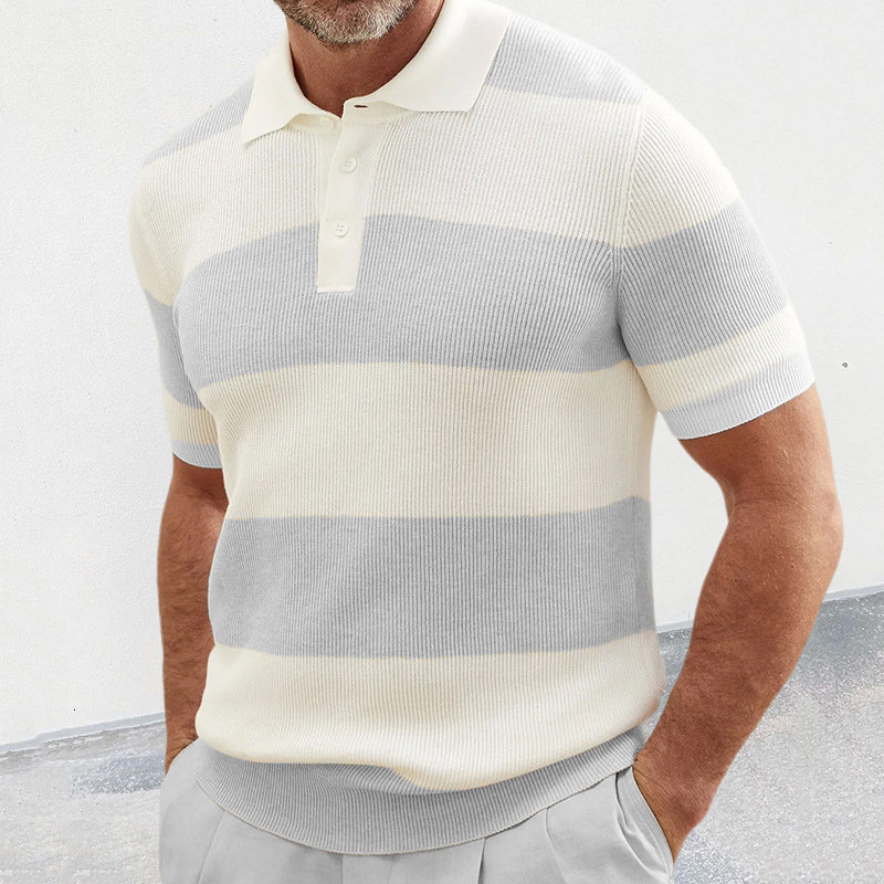 Men's Polos Summer T Shirt Fashion Stitch Striped Polo Shirt Men Formal Single Breasted Slim Shirts Mens Short Sleeve Lapel Pullover 230325