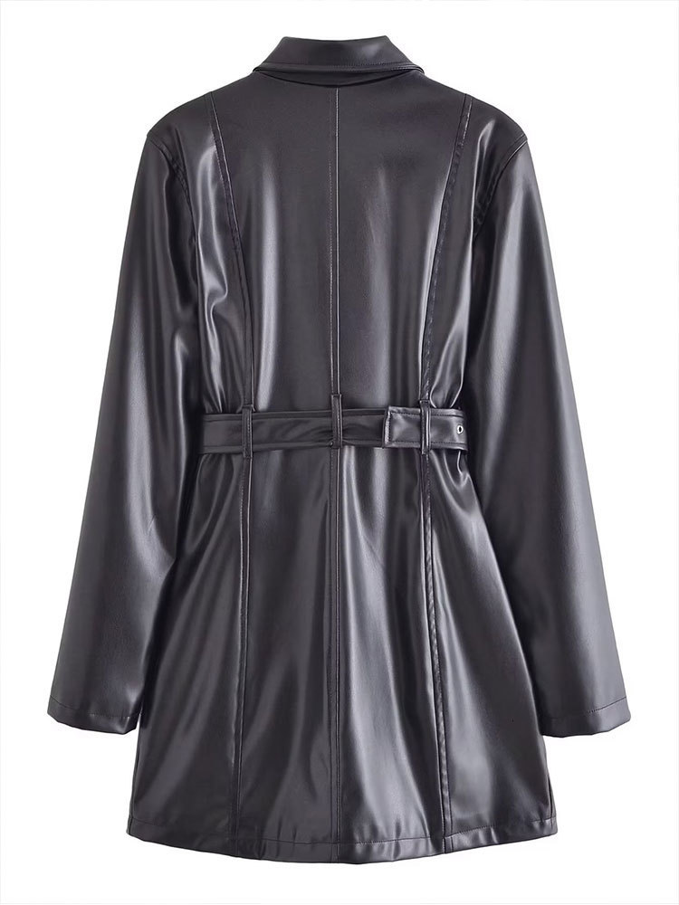 Women's Jackets TELLHONEY Women Fashion Lapel Collar With Belt Front Zipper Faux Leather Jacket Female Long Sleeves Pockets Dress Outfits 230324