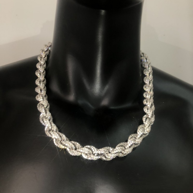 Moissanite Chains 12mm 18-24inch 925 Sterling Silver Passed Test Moissanite Rope Chain Necklace for Women/Men Nice Gift