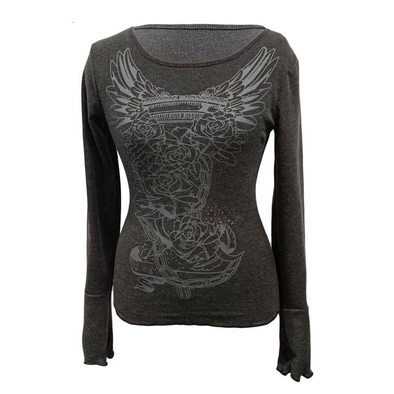 Women's T-Shirt Xingqing 2000s Graphic T Shirt Vintage Fairy Grunge Floral Wings Print Long Sleeve Tops y2k Women Clothes Basic Harajuku Tee 2303