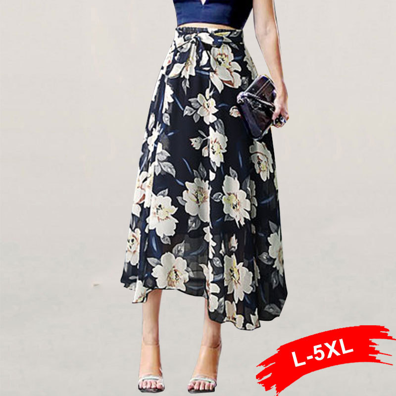 Women's Plus Size Pants Floral Print Long Skirt 4Xl 5Xl Women Bow Tie Up Beach Maxi Casual Streetwear Boho Summer Female 230325