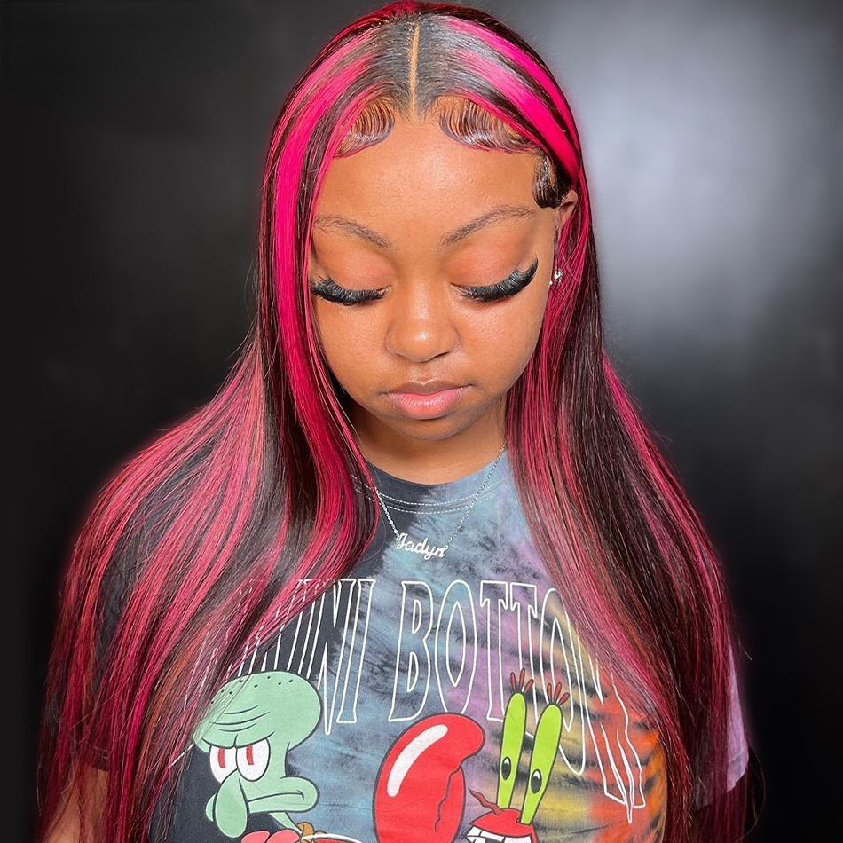 180density Pink Highlight Colored Wig Human Hair Transparent Lace Frontal Wig Brazilian Long Straight Synthetic Wig For Women