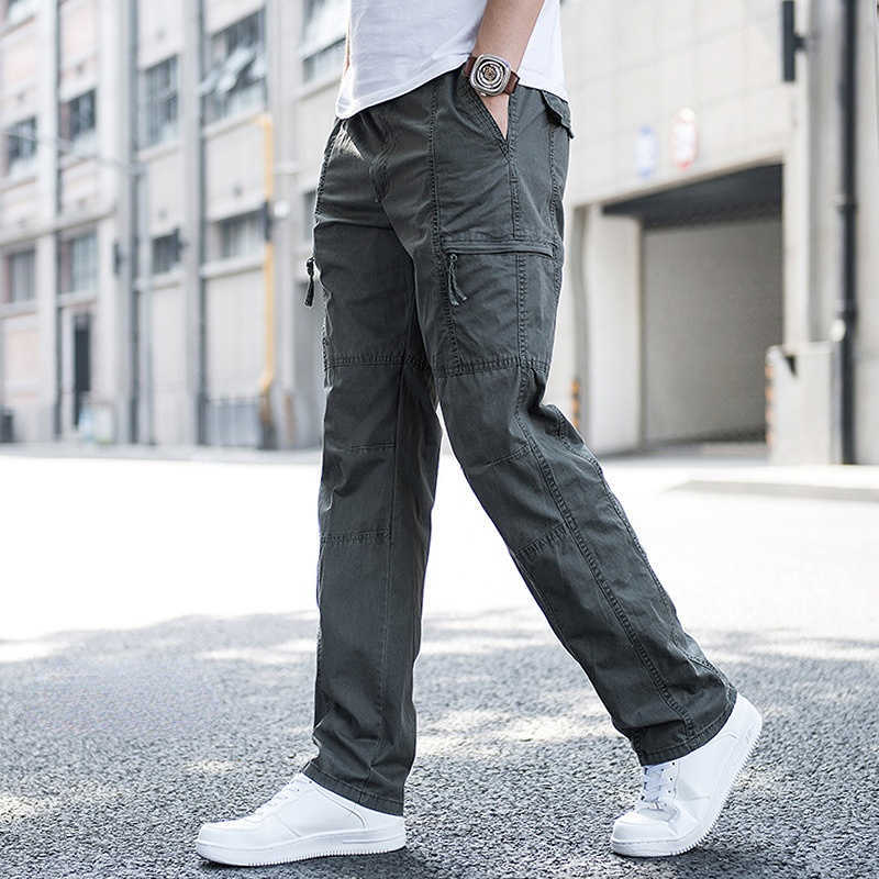 Men's Pants Big Size Men's Cargo Trousers Straight Leg Work Pant Men Loose Fit Cotton Summer Wide Overalls Male Side Multi Pocket large size