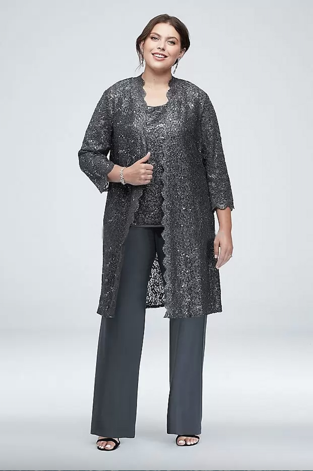 Plus Size Sequined Lace Mother of the Bride Pant Suit with Jacket - Chiffon Wedding Guest Outfit in Sparkly Design