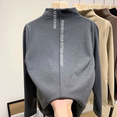 Women's T-Shirt Kuzuwata Warm Bottoming Woman Tshirts Autumn Half High Collar Tees Fashion German Velvet Long Sleeve T-shirt Women Top 230325