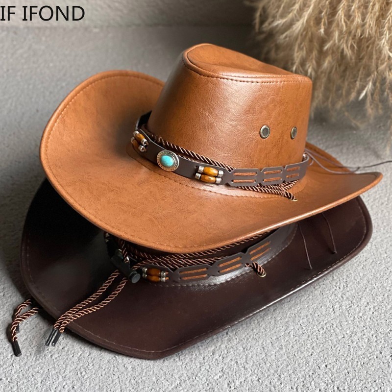 Wide Brim Hats Bucket Hats Faux Leather Western Cowboy Hats For Women Men Vintage Gentleman Dress Hats Panama Cowgirl Jazz Cap Sombrero Hombre 230325