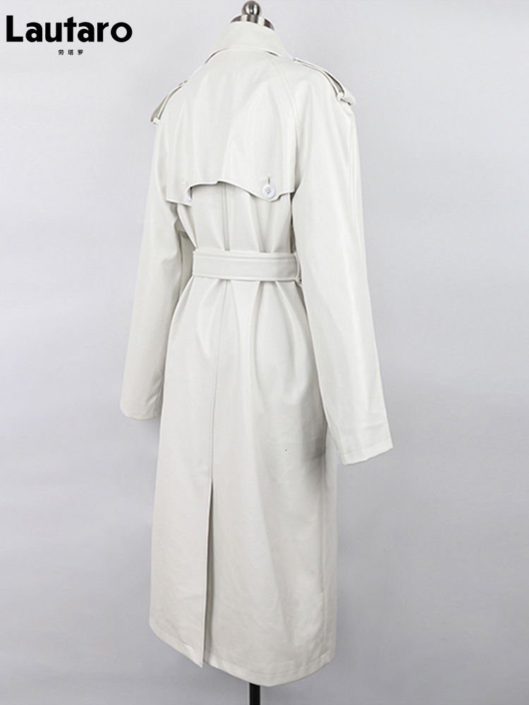 Women's Jackets Lautaro Autumn Long Oversized Black Faux Leather Trench Coat for Women Sleeve Belt Double Breasted Loose Fashion 230324