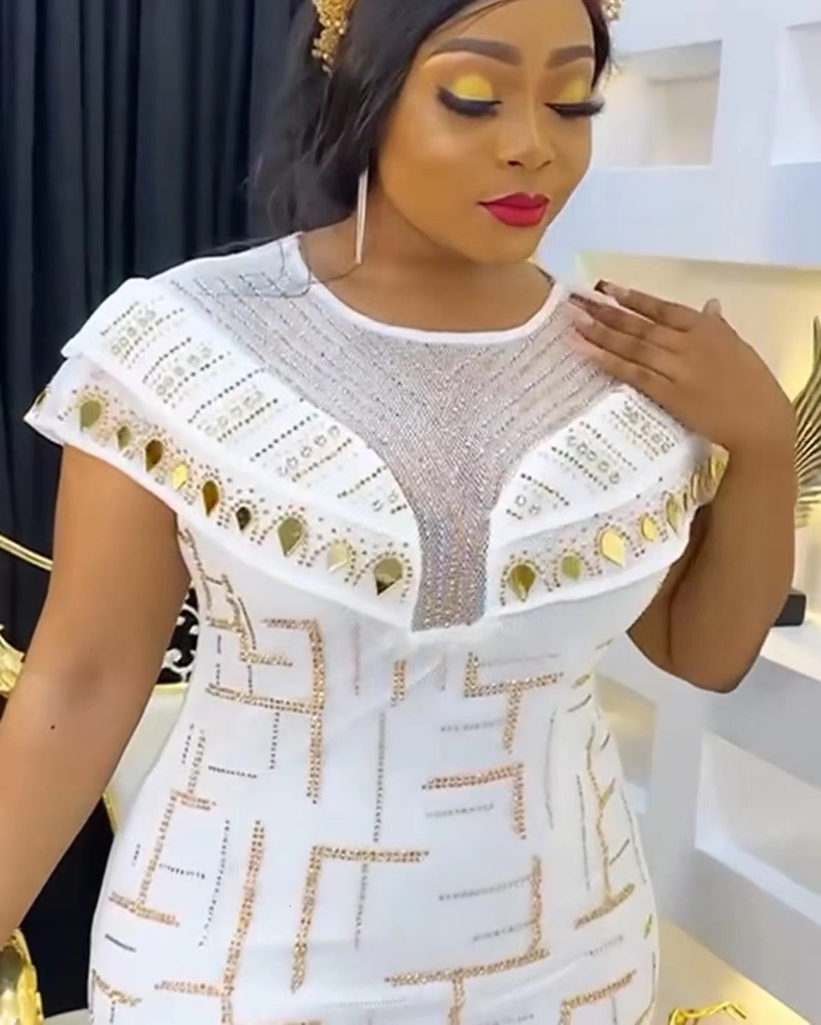 Ethnic Clothing African Dresses For Women Short Sleeve Turkey Sequin Evening Wedding Party Mid-Calf Length Dress Muslim Africa Clothes 230325