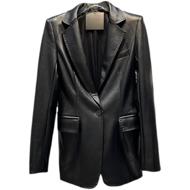 Women's Jackets BORVEMAYS 2023 Spring Fashion Trend Black Coat Lapel Single Button Solid Color PU Leather Loose Allmatch Jacket Women 230324