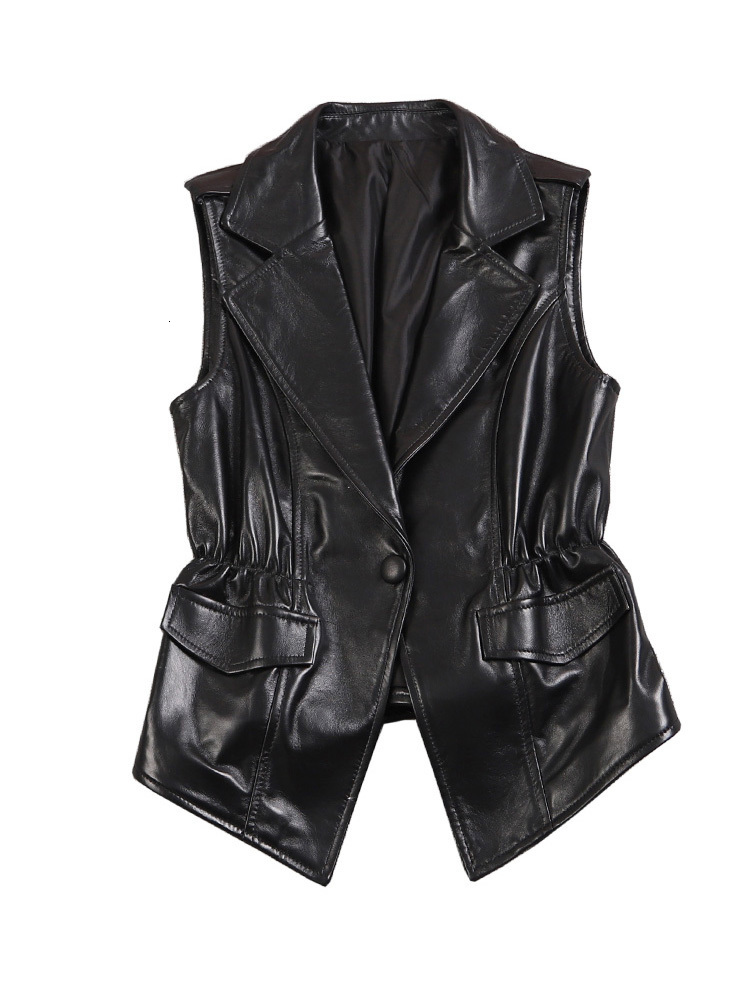 Women's Jackets Leather Vest Waistcoat Spring Autumn Sheepskin Nipped Waists Tops Genuine Slim Sleeveless Female Small Outer Wear 230324