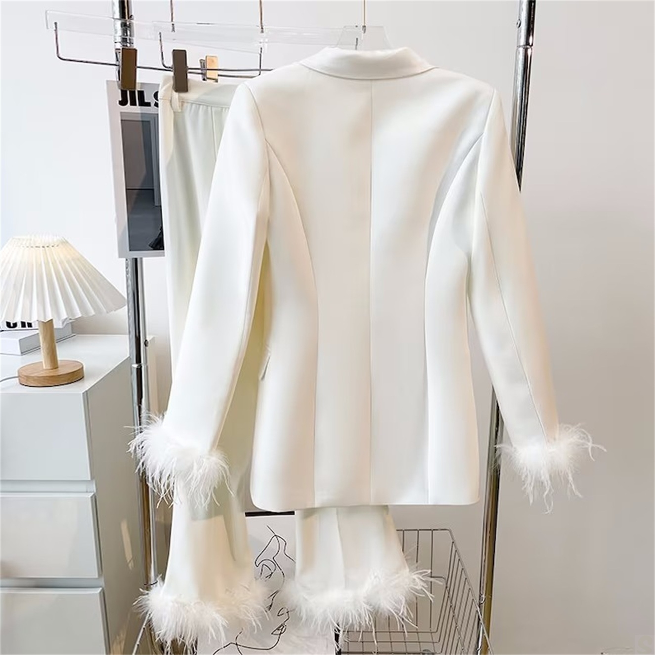 Ostrich Feather Mother of the Bride Pants Suits Women Ladies Formal Evening Party Blazer Wear Jacket 2 Pieces