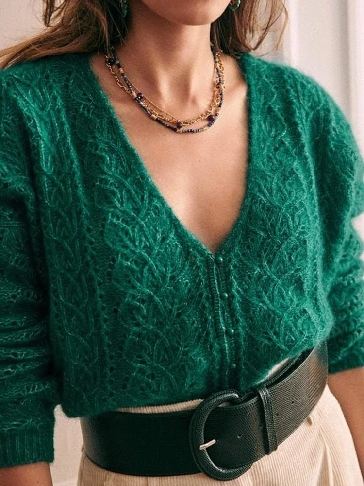 Women's Knits Tees Doublesided Women Hollow out Sweaters Solid Color Vneck Long Sleeve Single Breasted Jumper Mohair Blends Knit Cardigans 230324