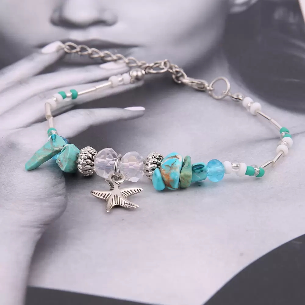 Boho Hadmade Starfish Anklet for Women Adjustable turquoise Charm Beads Anklets Bracelets Fashion Summer Foot Jewelry Wholesale