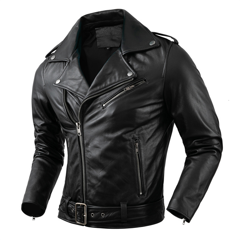 Men's Leather Faux Genuine Cowhide Motorcycle Coat Jacket Lapel Jackets s Clothing Real 230324