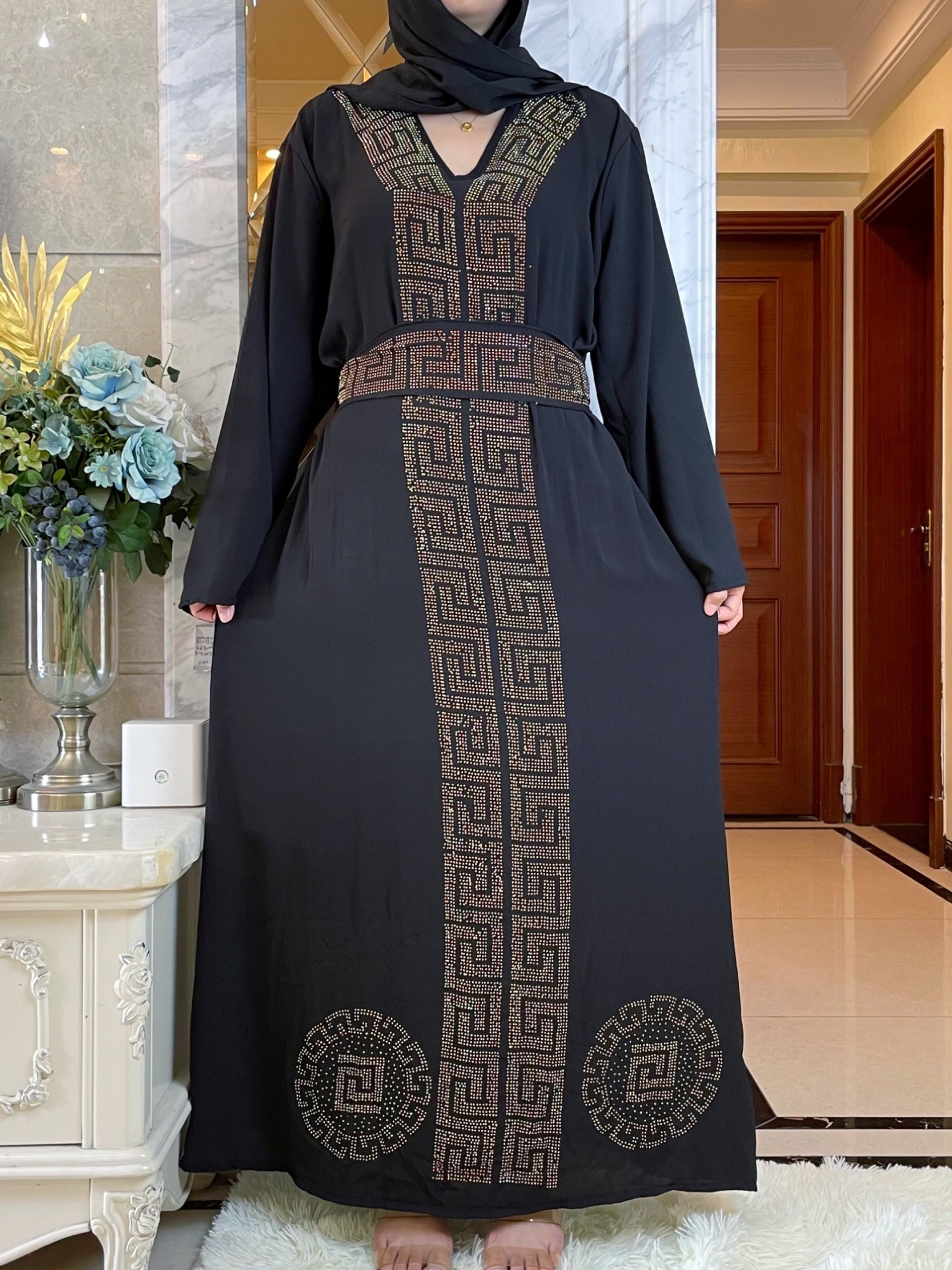 Ethnic Clothing African Autumn Abaya For Women Dubai Islamic Dress Black Diamonds Long Sleeve Arab Muslim Evening Dress Party Clothing 230325