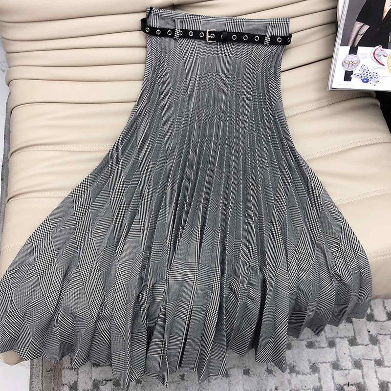 Two Piece Dress 2023 Office Lady 2 Blazer Set Lapel Metal Belt Suit Jackets High Waist Organ Pleated Skirt Grey Plaid Elegent Suits 230324