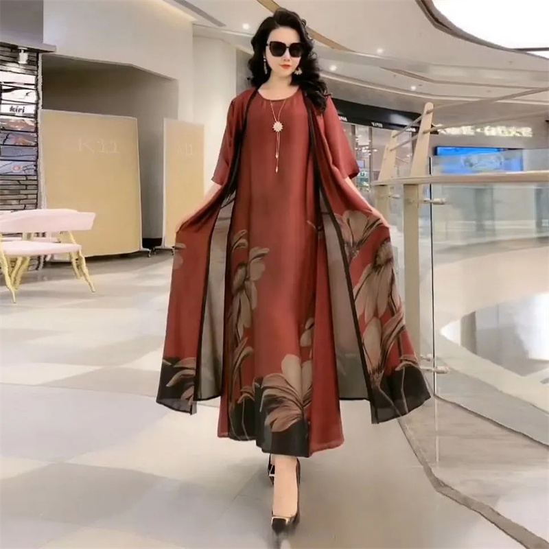 Two Piece Dress Middle Aged Mother Suit Summer Casual Fashion Printing Suits Long Women Temperament Sets 729 230325