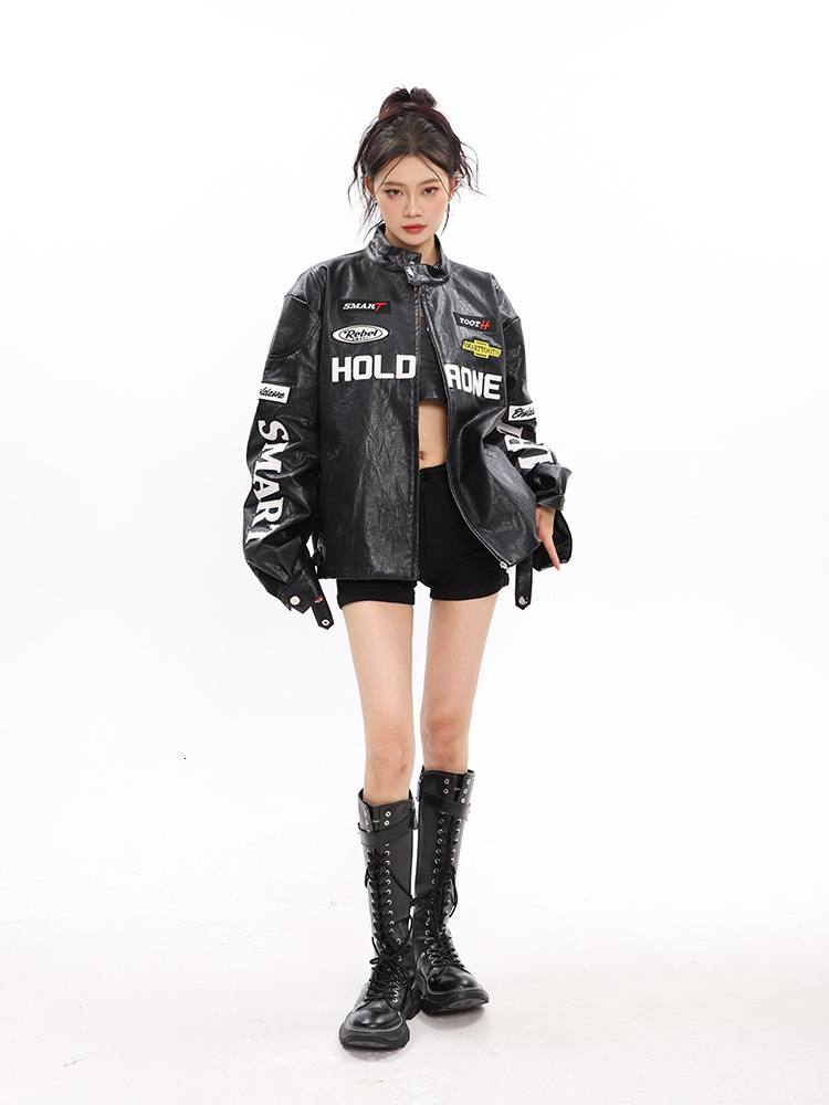 Women's Jackets SHENGPALAE Leather Coats American Vintage Loose Lettered Moto Bike Jacket 2023 Spring Zipper Long Sleeve Overcoat 5R857 230324