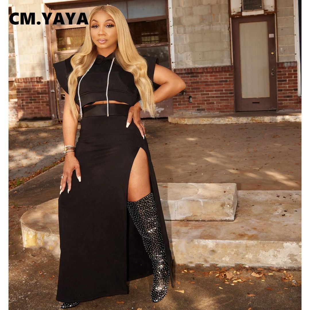 Two Piece Dress CM.YAYA Street Basic Women's Set Flare Sleeve Hooded Tops and High Side Maxi Skirts Suit Matching 2 Outfits 230325