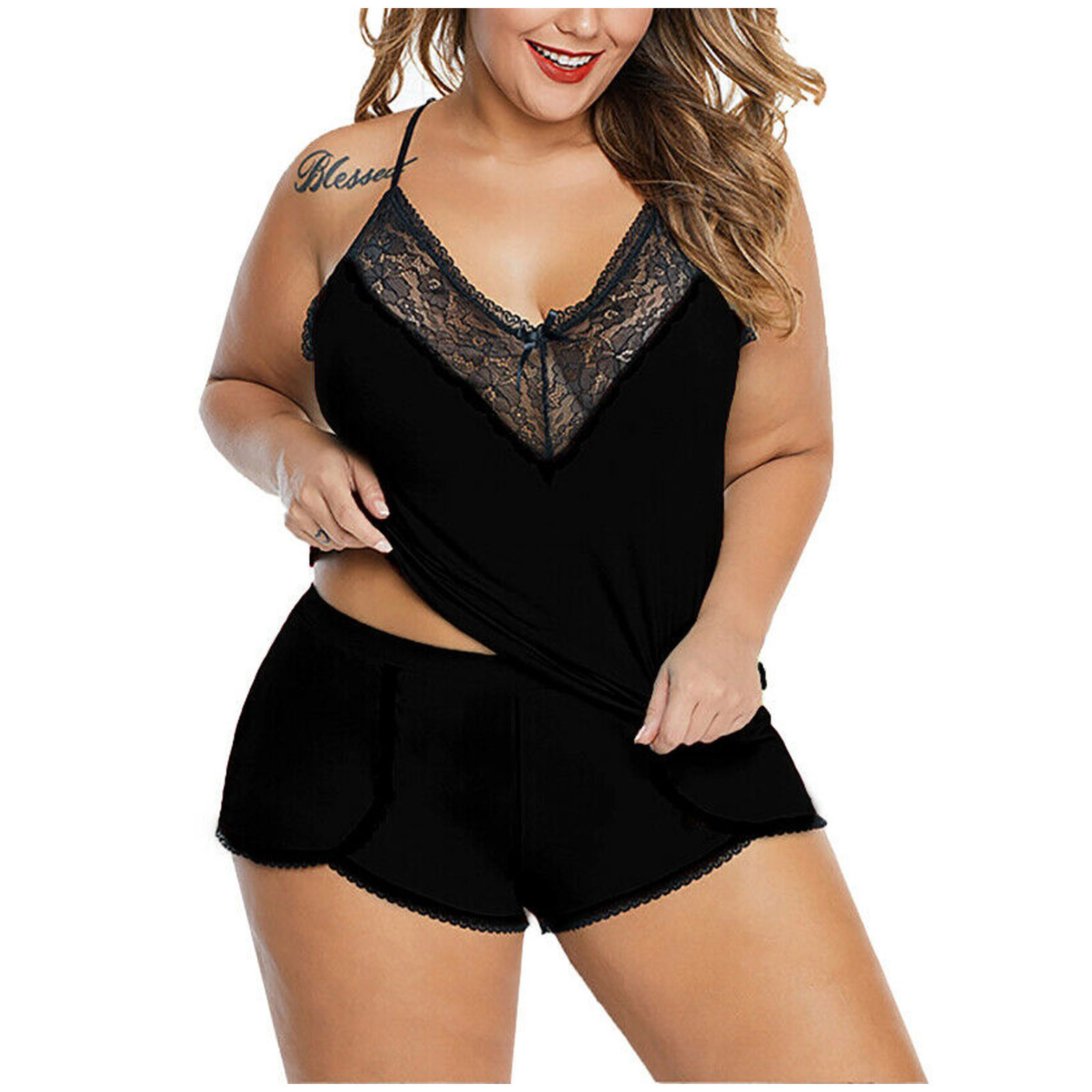 Women's Sleepwear Plus Size Sexy Spaghetti Strap Lace Pajama Set Sleeveless Pyjamas Shorts Set Lace Pijama Suit Women Nighties Pijama Mujer 23032
