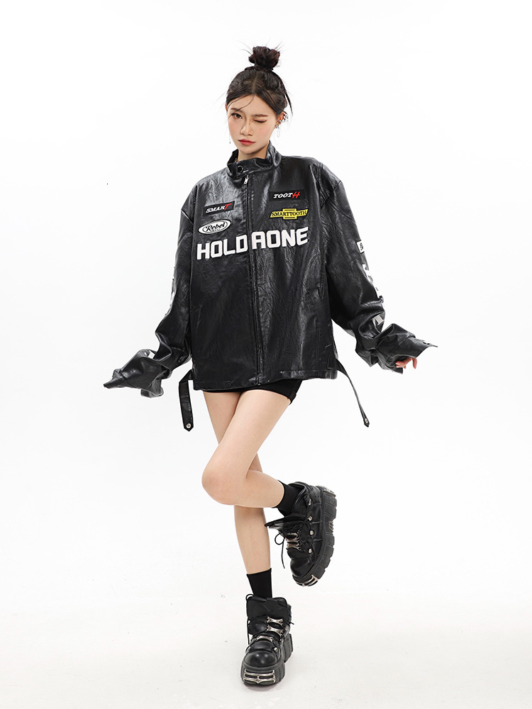 Women's Jackets SHENGPALAE Leather Coats American Vintage Loose Lettered Moto Bike Jacket 2023 Spring Zipper Long Sleeve Overcoat 5R857 230324