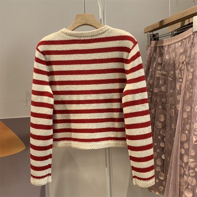 Women's Knits Tees Modishdutti 2023 High Quality Spring Women Fashion Red Striped Knitted Sweater Cardigans Female Casual Chic Button Tops Ladies