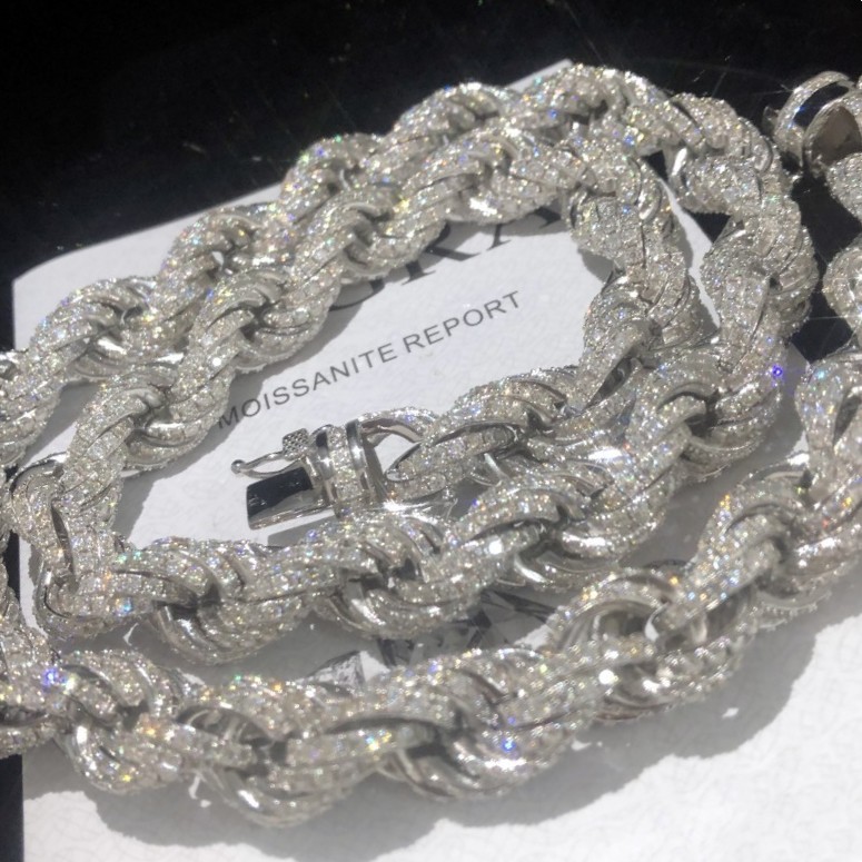 Moissanite Chains 12mm 18-24inch 925 Sterling Silver Passed Test Moissanite Rope Chain Necklace for Women/Men Nice Gift