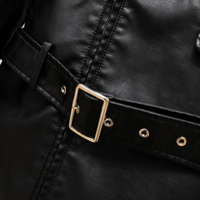 Women's Jackets 2023 Moto biker Black Leather Midlong Women BF Style Cool PU Adjustable Waist Coat Female 230324