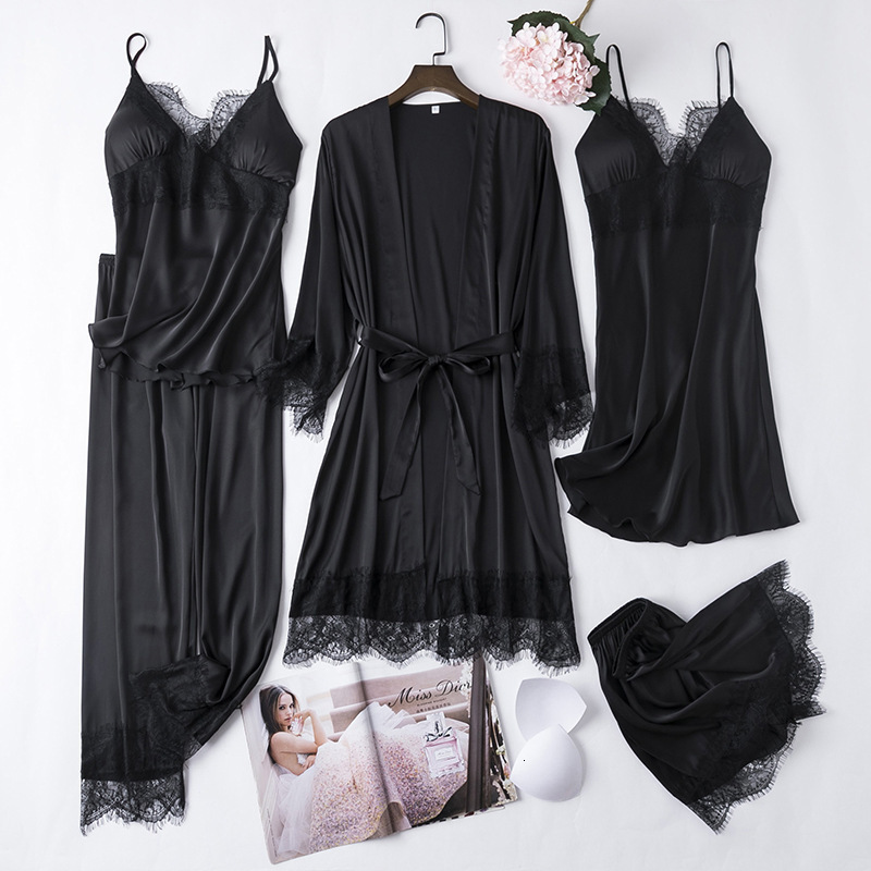 Women's Sleepwear Sexy Full Slip Lace White Silk Pajamas Set Women Chemise Bride Wedding Robe Nightgown Sleepwear Kimono Bathrobe Lingerie 230325