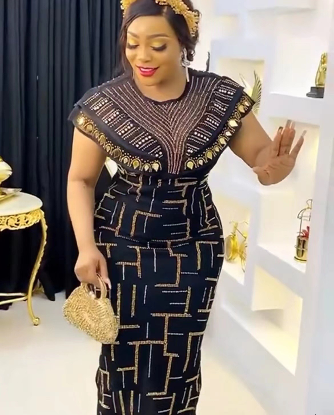 Ethnic Clothing African Dresses For Women Short Sleeve Turkey Sequin Evening Wedding Party Mid-Calf Length Dress Muslim Africa Clothes 230325