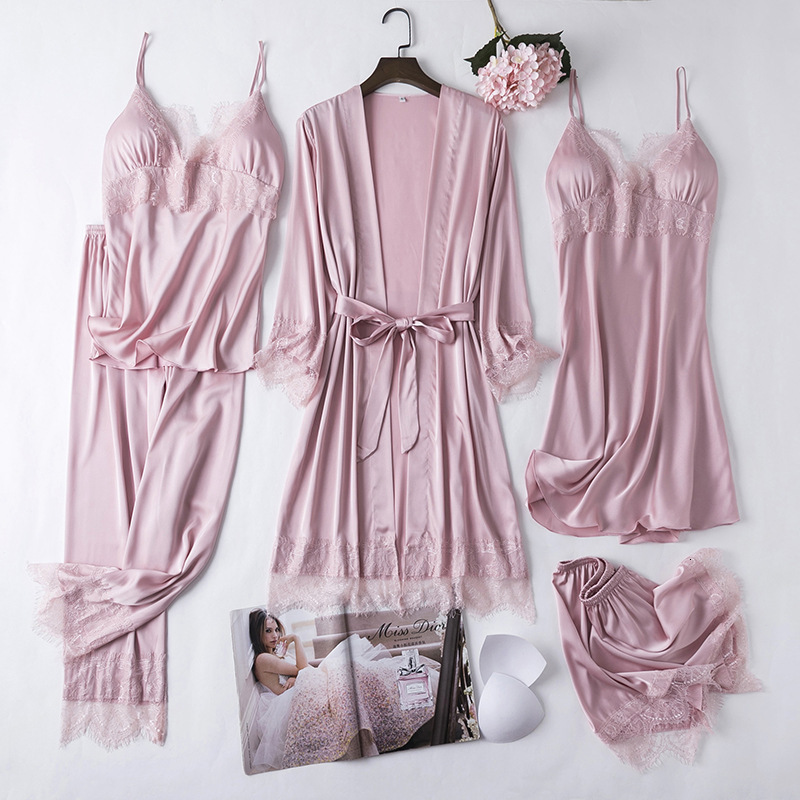 Women's Sleepwear Sexy Full Slip Lace White Silk Pajamas Set Women Chemise Bride Wedding Robe Nightgown Sleepwear Kimono Bathrobe Lingerie 230325