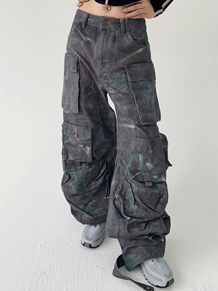 Women's Pants s LGRQ 2023 Autumn Fashion Trousers Loose Wide Leg Tie Dye Patchwork High Wiast Pockets Multiple Cargo 17A1165H 230325
