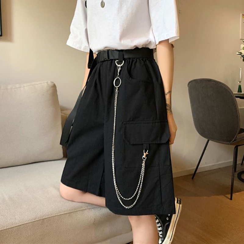 Women's Shorts Rimocy Harajuku Chain Cargo Shorts Women Summer Big Pockets Wide Leg Shorts Woman Black High Waist Streetwear Shorts Female 230325