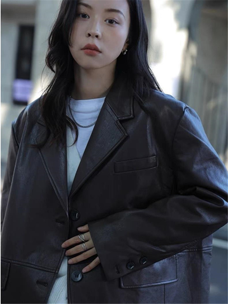 Women's Jacket Fashion Front Button Faux Leather Blazer Coat Spring Vintage Long Sleeve Flap Pockets Female Outerwear Chic Veste Femme 230324