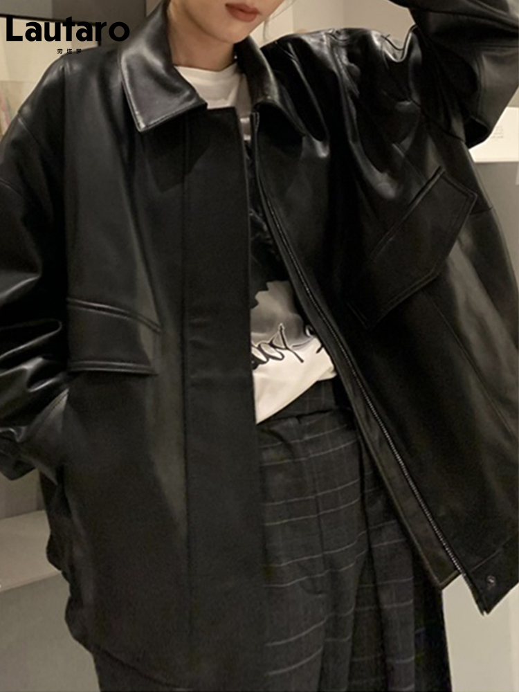Women's Jackets Lautaro Spring Autumn Cool Retro Casual Oversized Black Waterproof Soft Faux Leather for Women Zipper Elastic Waist 230324