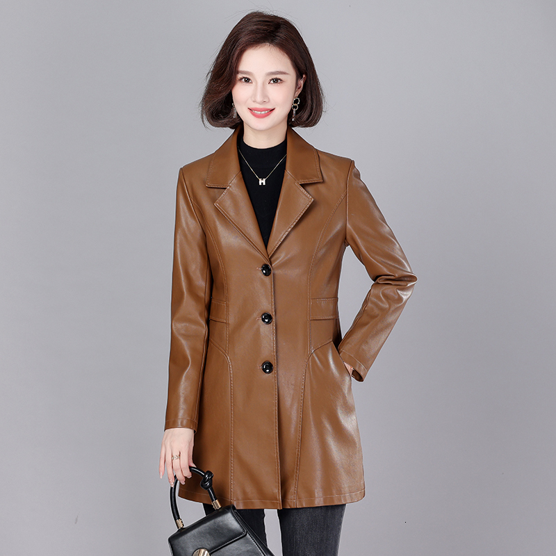 Women's Jacket Fashion Long Coat Spring And Autumn Leather Clothing Slim Single Breasted TurnDown Collar Trench Jackets SWREDMI 230324