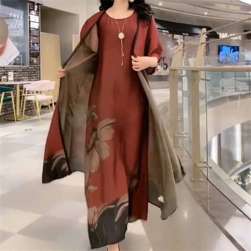 Two Piece Dress Middle Aged Mother Suit Summer Casual Fashion Printing Suits Long Women Temperament Sets 729 230325