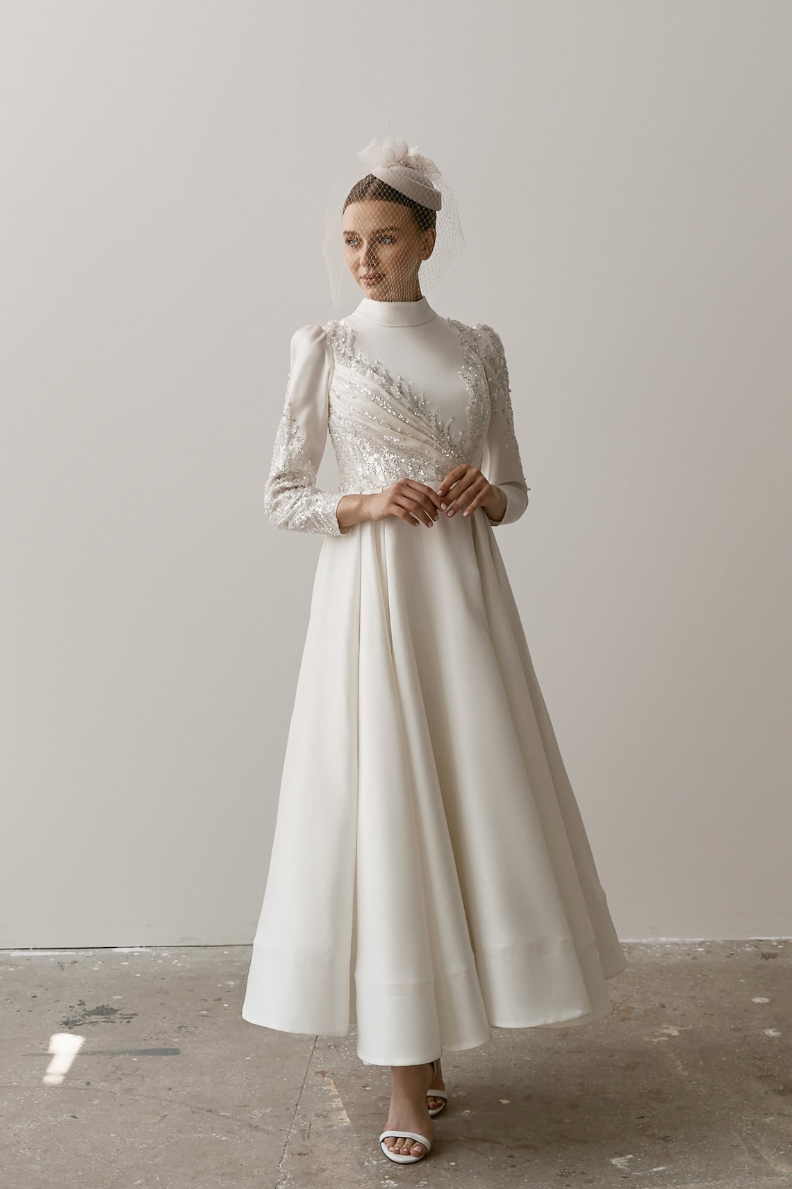 Modest Beaded Wedding Dresses Muslim Sequined Bridal Gowns High Collar With Long Sleeves A Line Ankle Length Satin Vestido De Novia