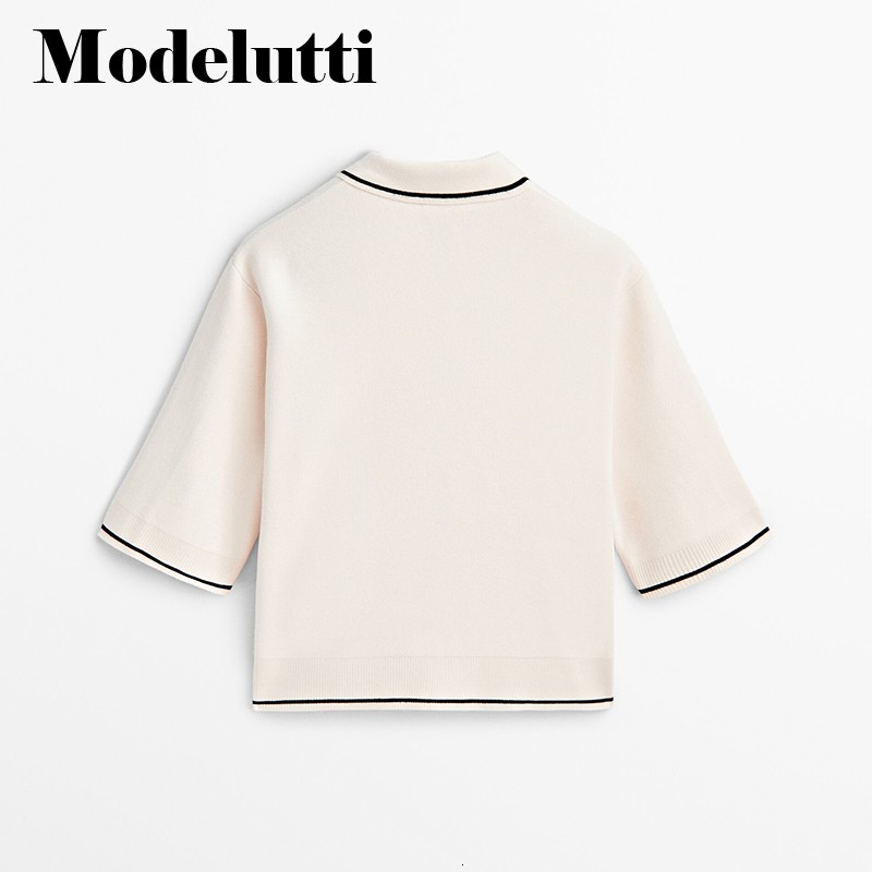 Women's Knits Tees Modelutti 2023 Spring Women Fashion Color Clash Short Sleeve Knitted Sweater Cardigans Coat Versatile Tops Female Chic 230324
