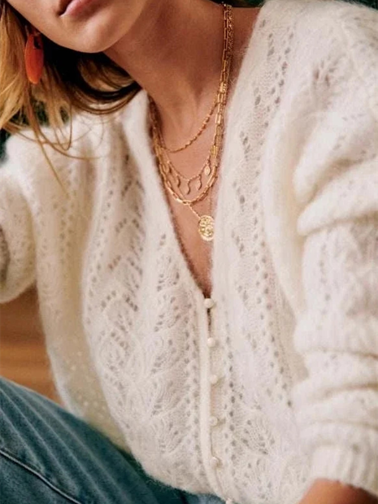 Women's Knits Tees Doublesided Women Hollow out Sweaters Solid Color Vneck Long Sleeve Single Breasted Jumper Mohair Blends Knit Cardigans 230324